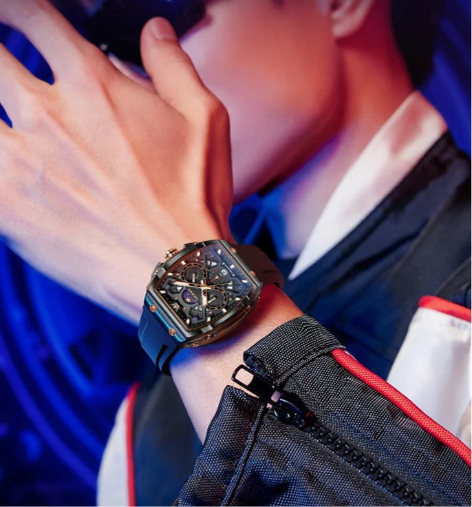 OLEVS 2942 Men’s Quartz Watch – Waterproof Hollow Out Luminous Moon Phase Silicone Strap (4 Colors)