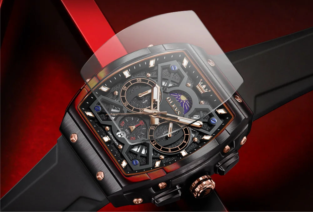 OLEVS 2942 Men’s Quartz Watch – Waterproof Hollow Out Luminous Moon Phase Silicone Strap (4 Colors)