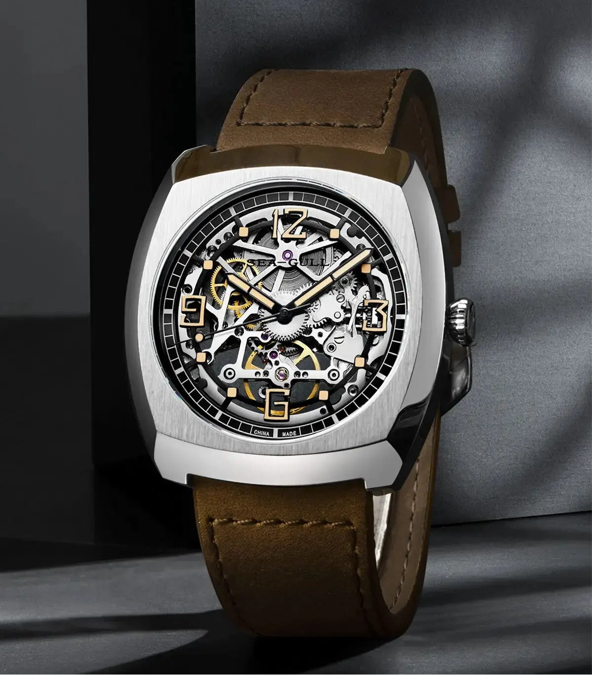 Seagull Men’s Automatic Mechanical Watch – Luminous Waterproof Skeleton Dial Tonneau Shape  2025